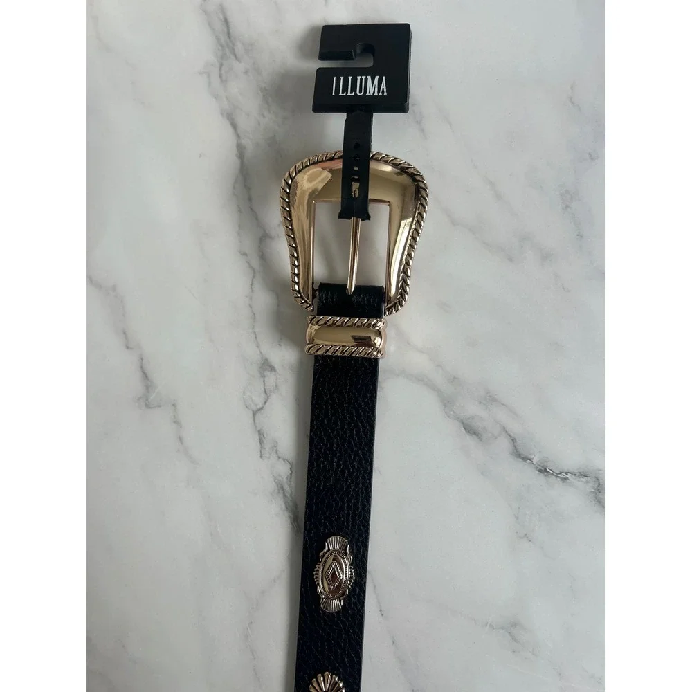 Illuma Womens‎ Western Belt Black Gold Concho Buckle New